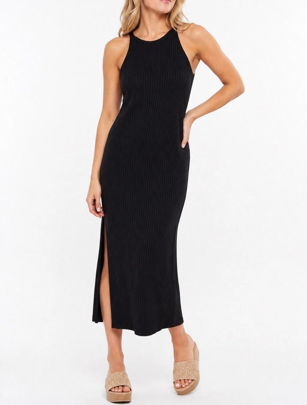 Z Supply Palisades Black Ribbed Midi Dress Sleeveless Side Slit Stretch Size M
